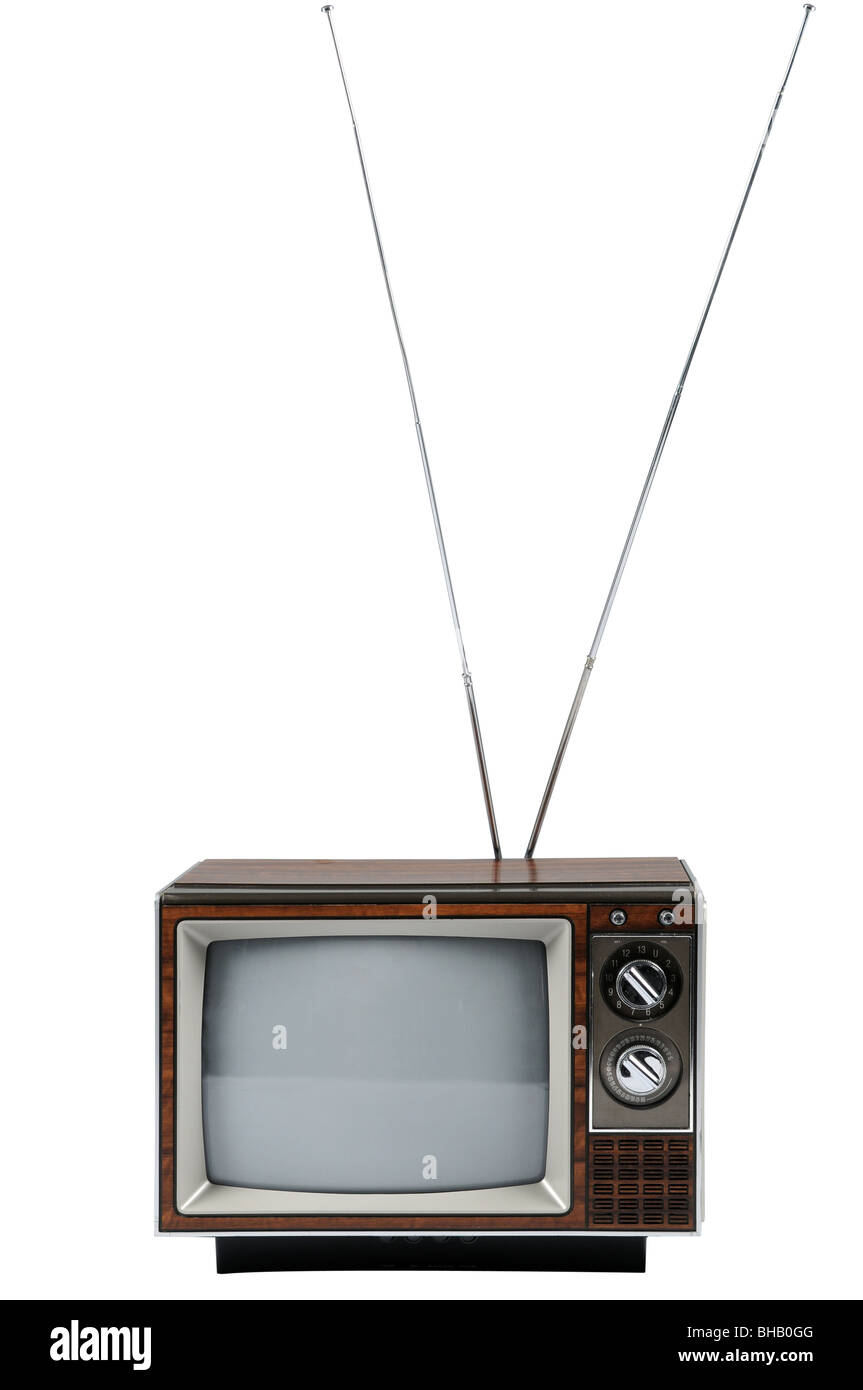 Vintage TV mit Antenne isoliert auf weißem Hintergrund Stockfoto
