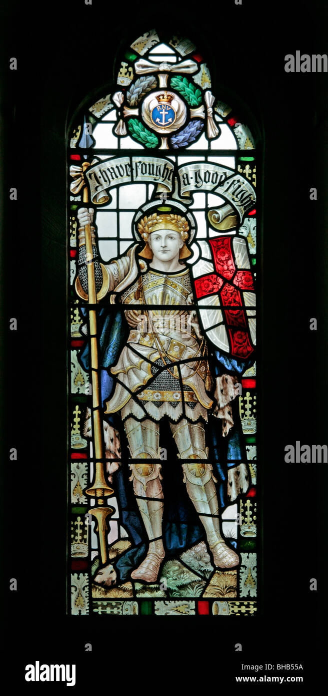 Ein Buntglasfenster von Percy Bacon, das Saint George, St Cuthbert's Church, Kildale, North Yorkshire darstellt Stockfoto
