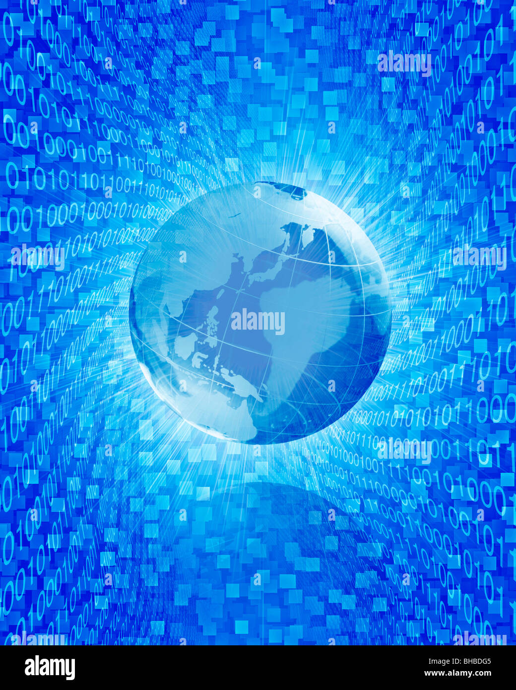 Globus und Binär-Codes vor blauem Hintergrund (Digital generiert) Stockfoto