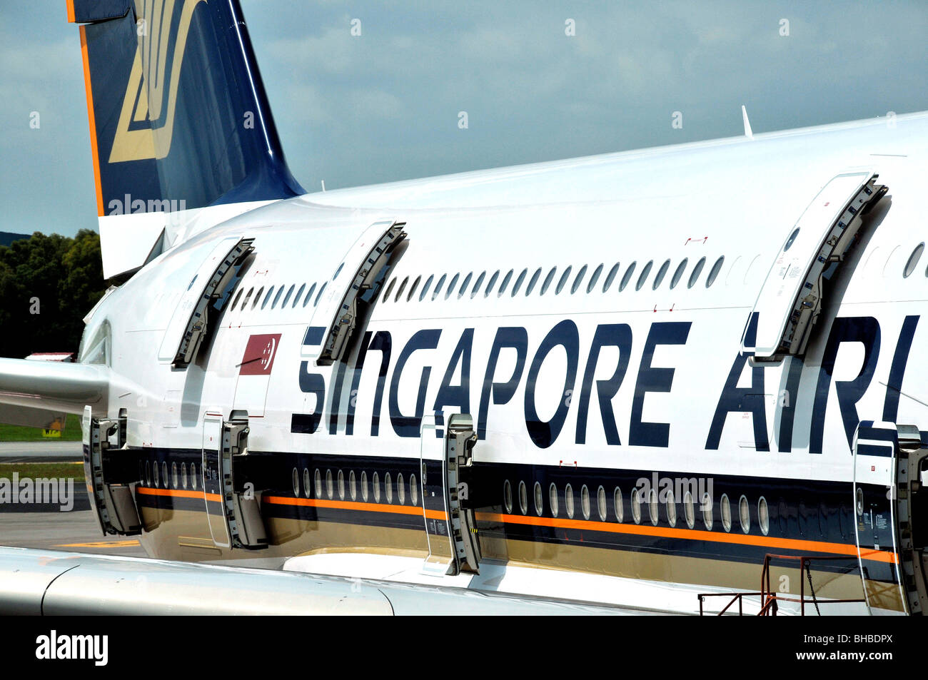 Airbus A 380 auf Tarmack am terminal 3 des Changi Airport, Singapur Stockfoto