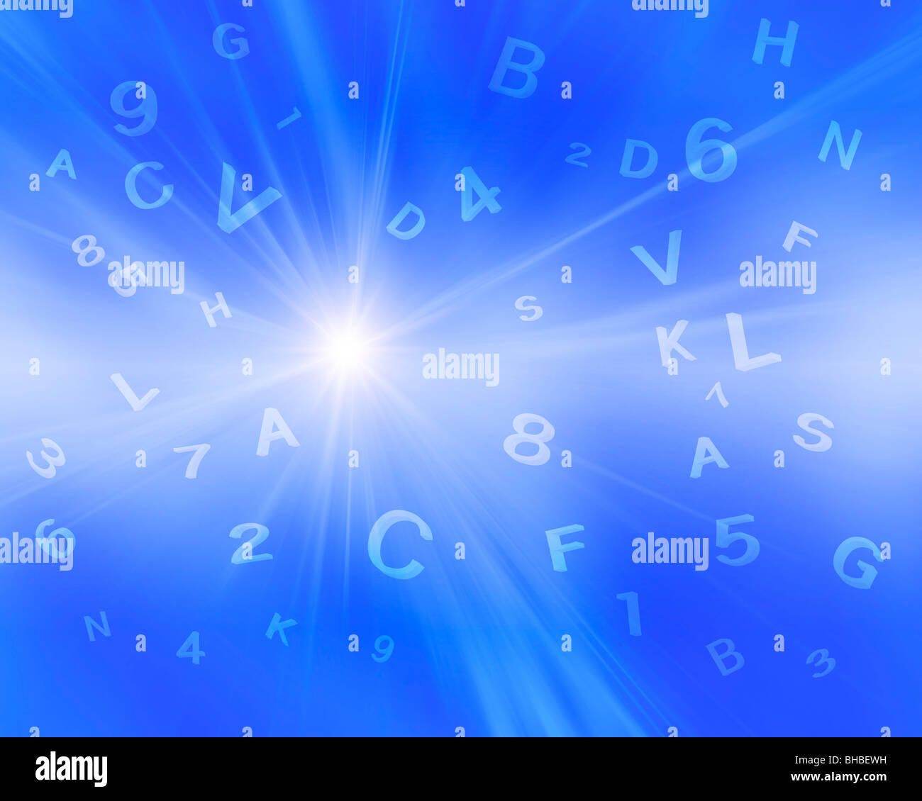 Alphabete und Zahlen auf blauen Hintergrund (Digital generiert) Stockfoto