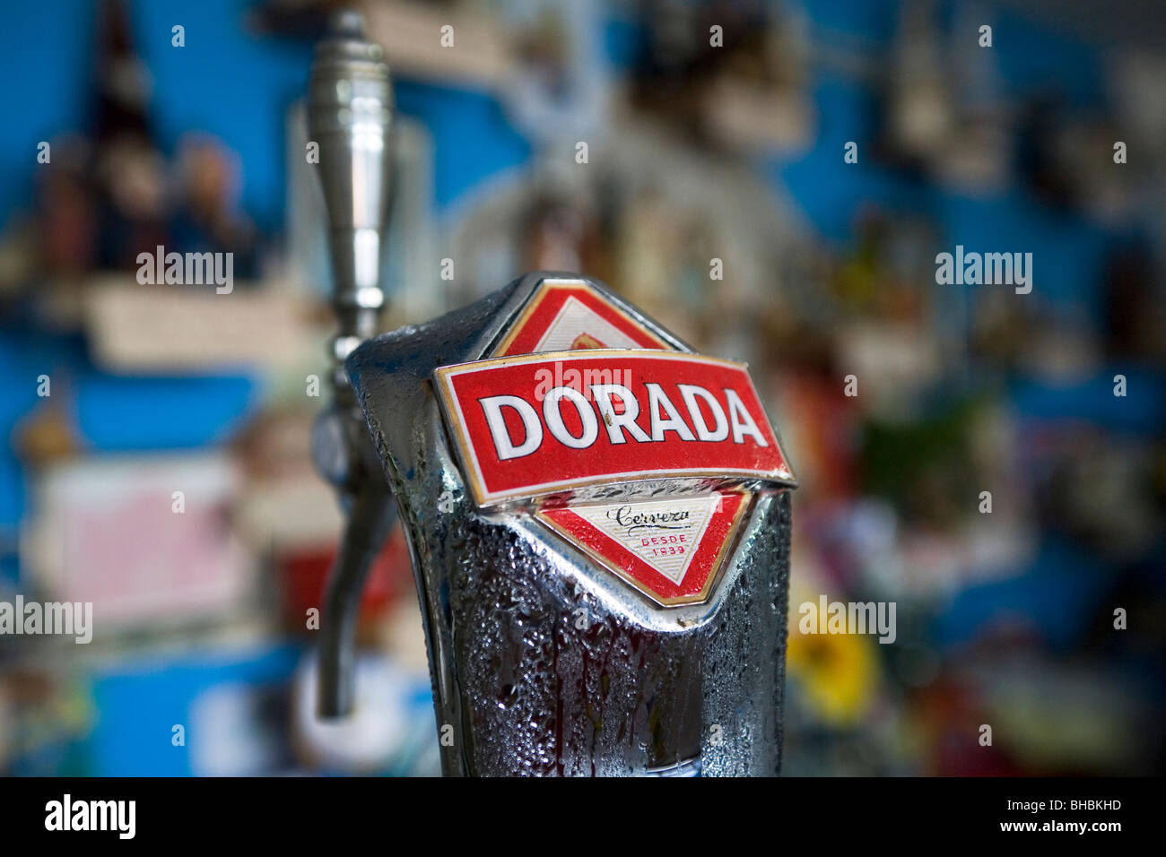 Eine Zapfanlage, trägt den Namen des lokalen Fischgründe-Biermarke Dorada. Das Bier wird in den Bars auf der Insel serviert. Stockfoto
