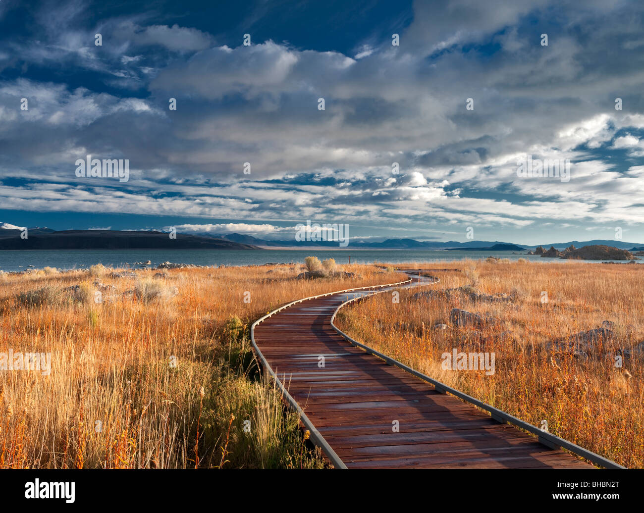 Holzsteg zum Mono Lake, Kalifornien. Stockfoto
