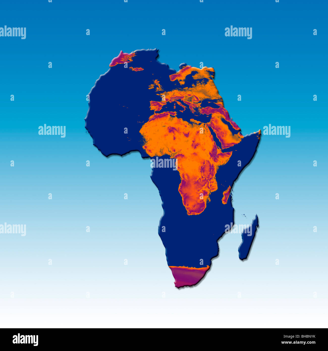 Karte von Afrika mit einem verbrannten Bild von Afrika und Europa überlagert. Konzeptbild vertreten, globale Erwärmung und Wüstenbildung Stockfoto