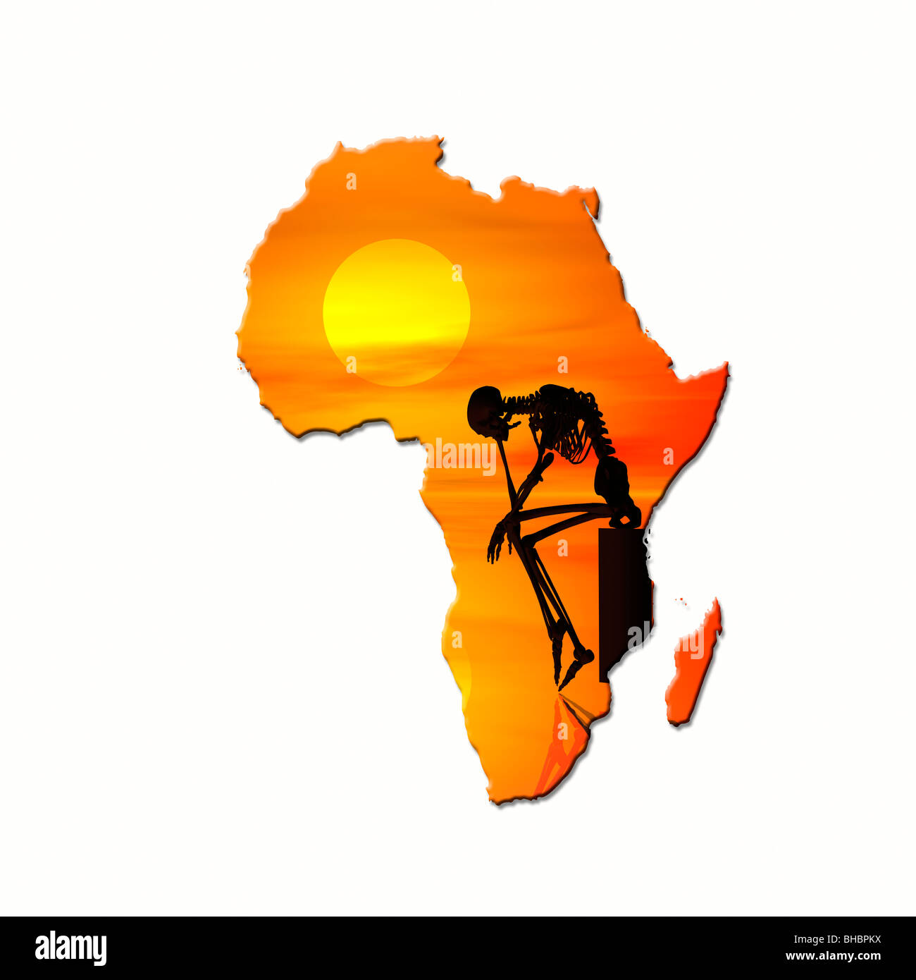 Karte von Afrika mit einem Skelett-Silhouette im Vordergrund. Konzeptbild des Hungers in Afrika Stockfoto