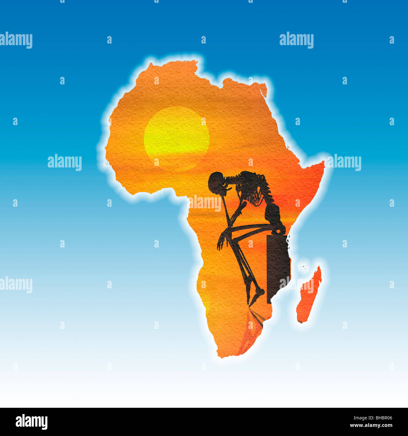 Karte von Afrika mit einem Skelett-Silhouette im Vordergrund. Konzeptbild des Hungers in Afrika Stockfoto