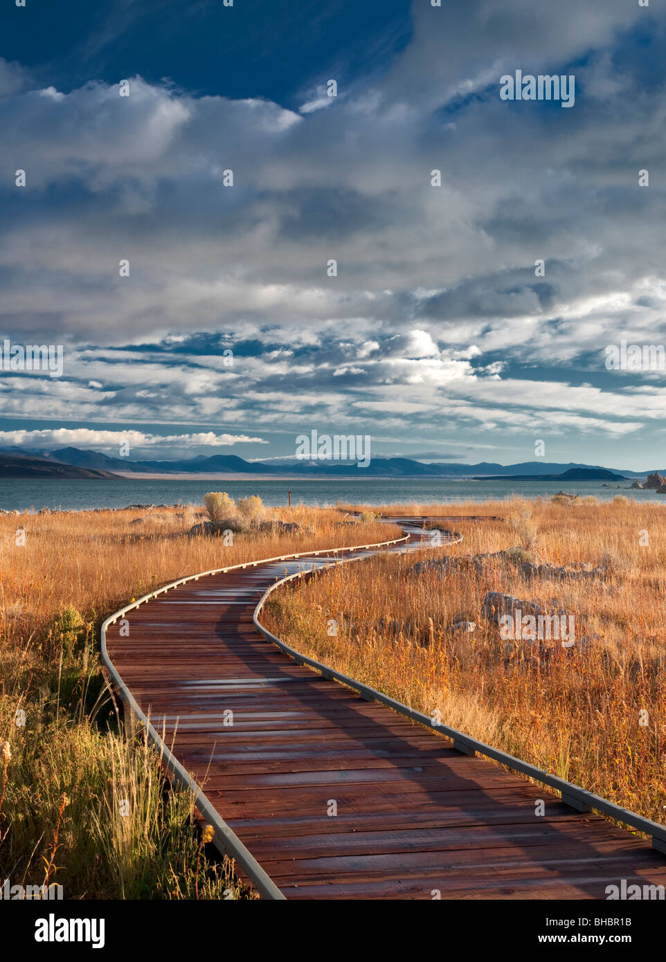 Holzsteg zum Mono Lake, Kalifornien. Stockfoto
