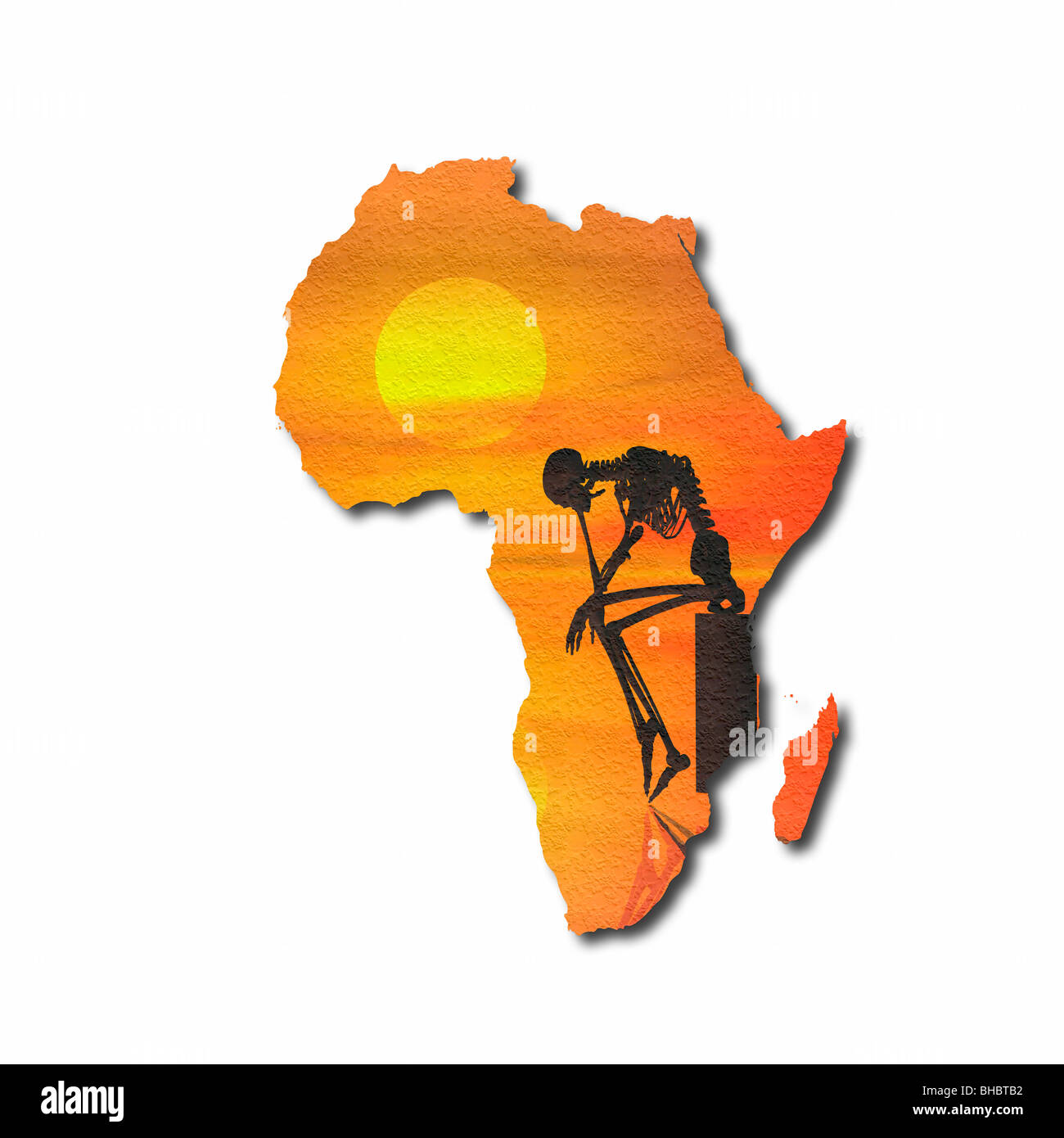 Karte von Afrika mit einem Skelett-Silhouette im Vordergrund. Konzeptbild des Hungers in Afrika Stockfoto