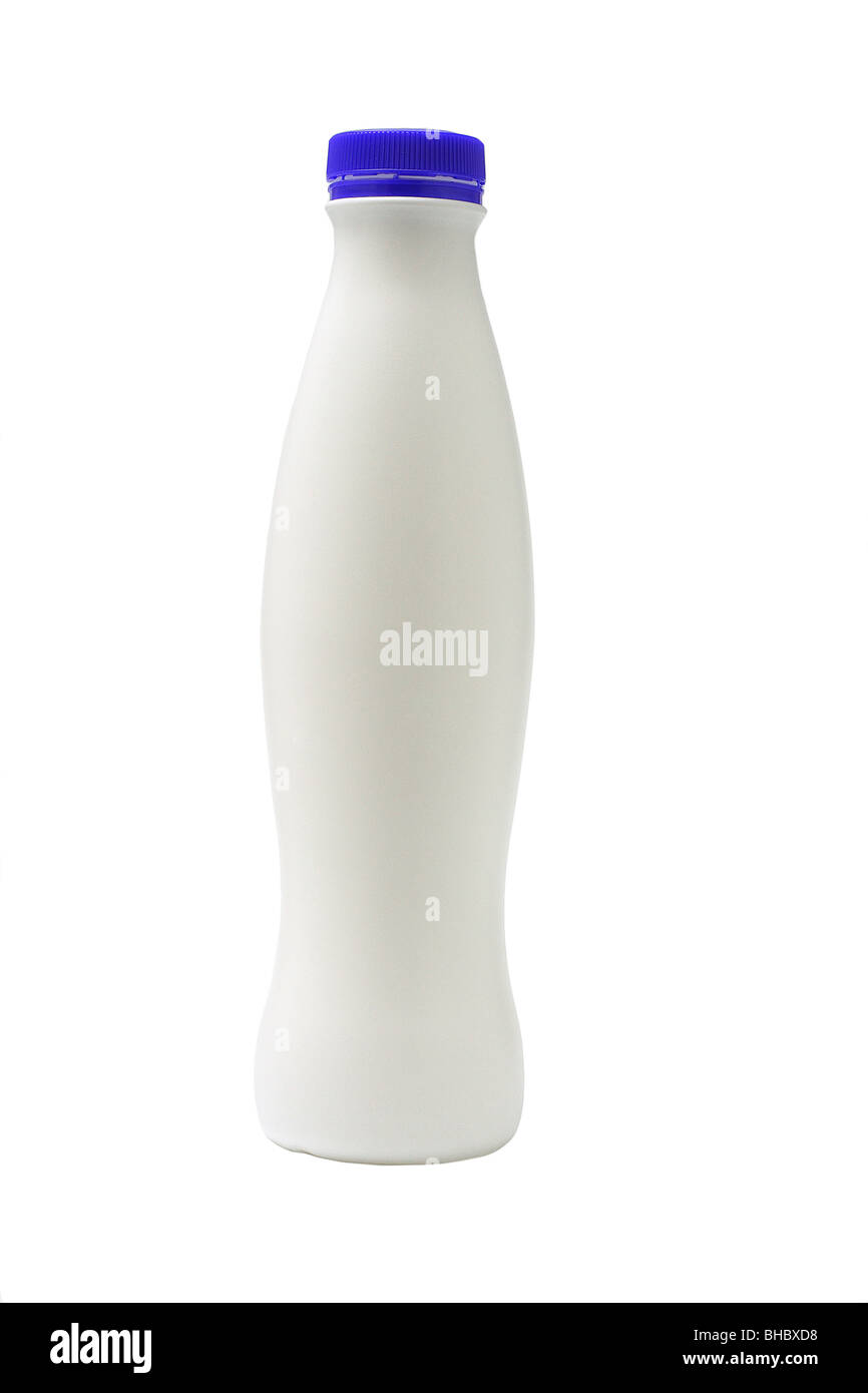 Leere Platisc Milchflasche auf weißem Hintergrund Stockfoto