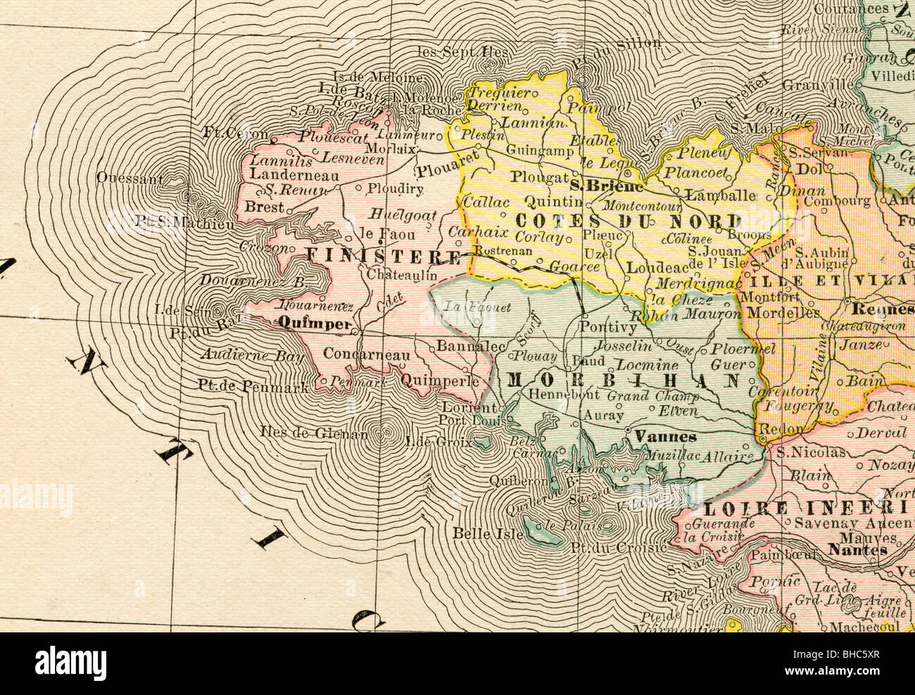 Original alte Karte der Bretagne aus 1884 Geographie Lehrbuch Stockfoto