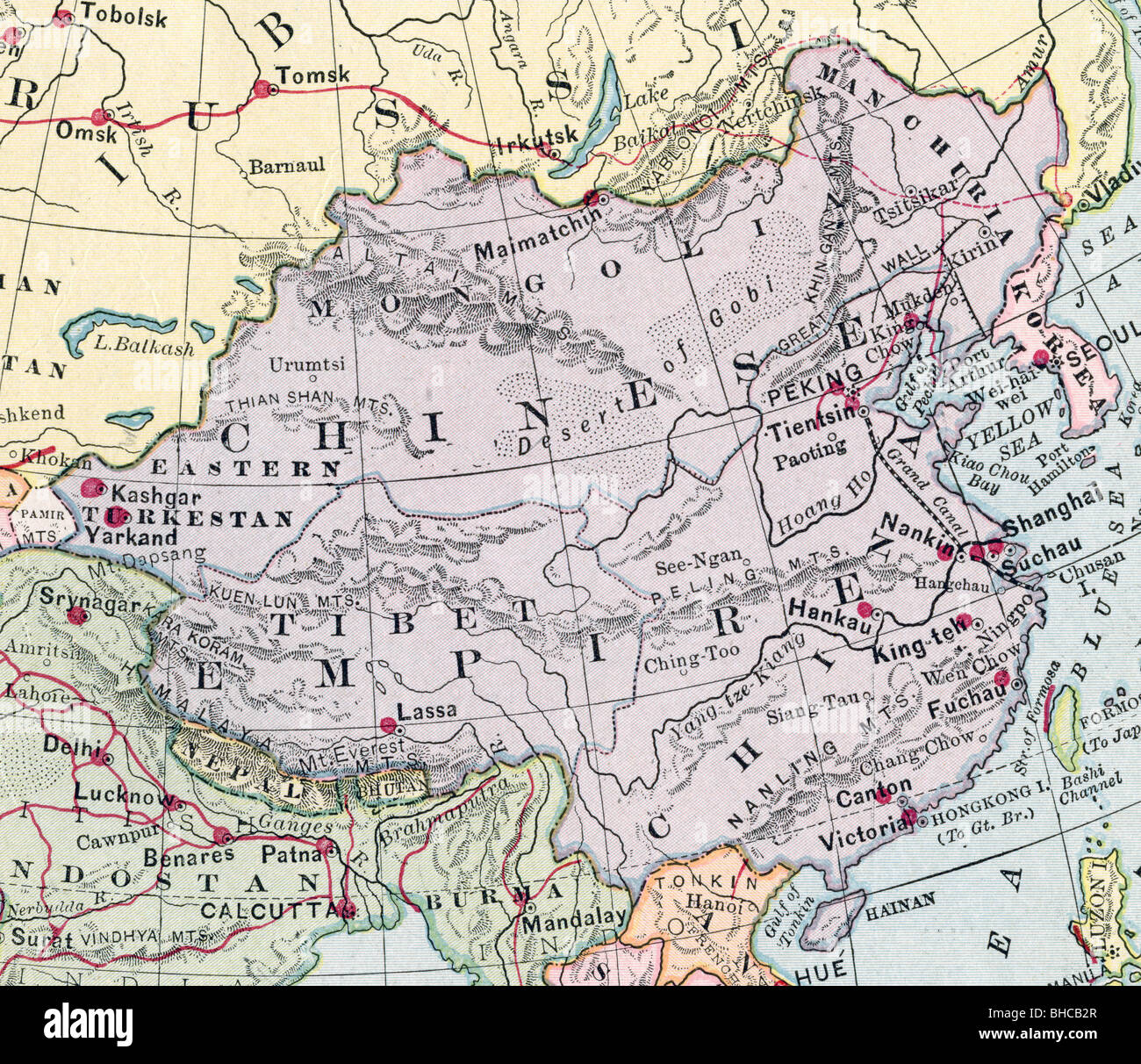 Original alte Karte von China reich aus 1903 Geographie Lehrbuch Stockfotografie - Alamy