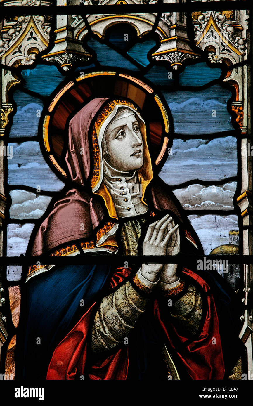 Detail aus einem Buntglasfenster, die Darstellung der Jungfrau Maria an der Kreuzigung, über Silton Kirche, North Yorkshire Stockfoto