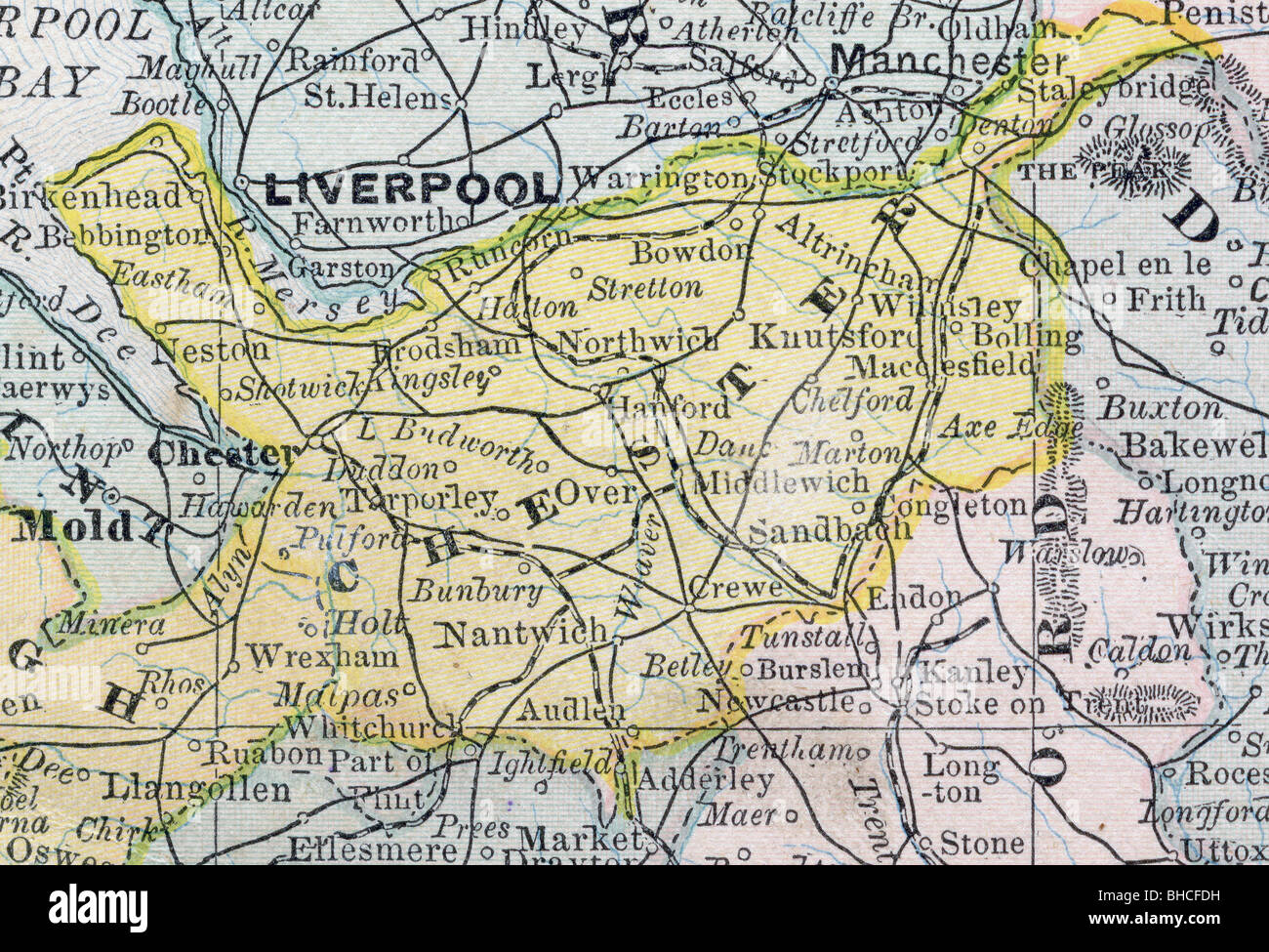 Original alte Karte von Chester County und Liverpool Gegend von 1884-Geographie-Lehrbuch Stockfoto