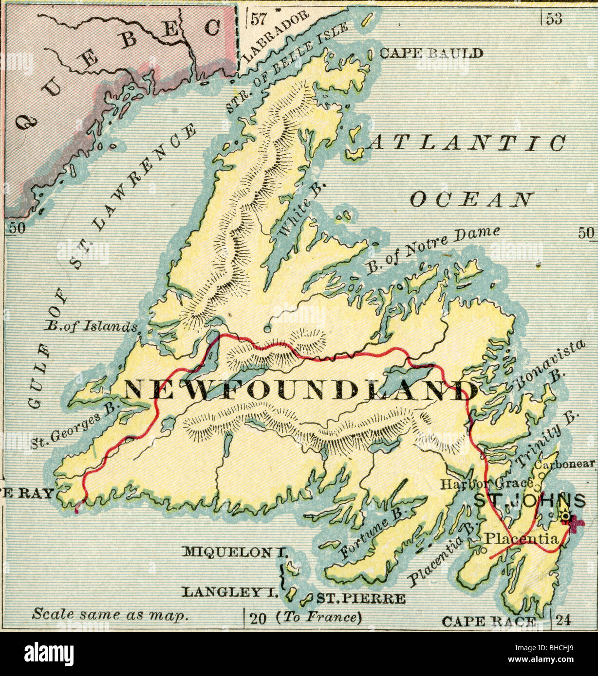 Original alte Karte von Neufundland aus 1903 Geographie Lehrbuch Stockfoto