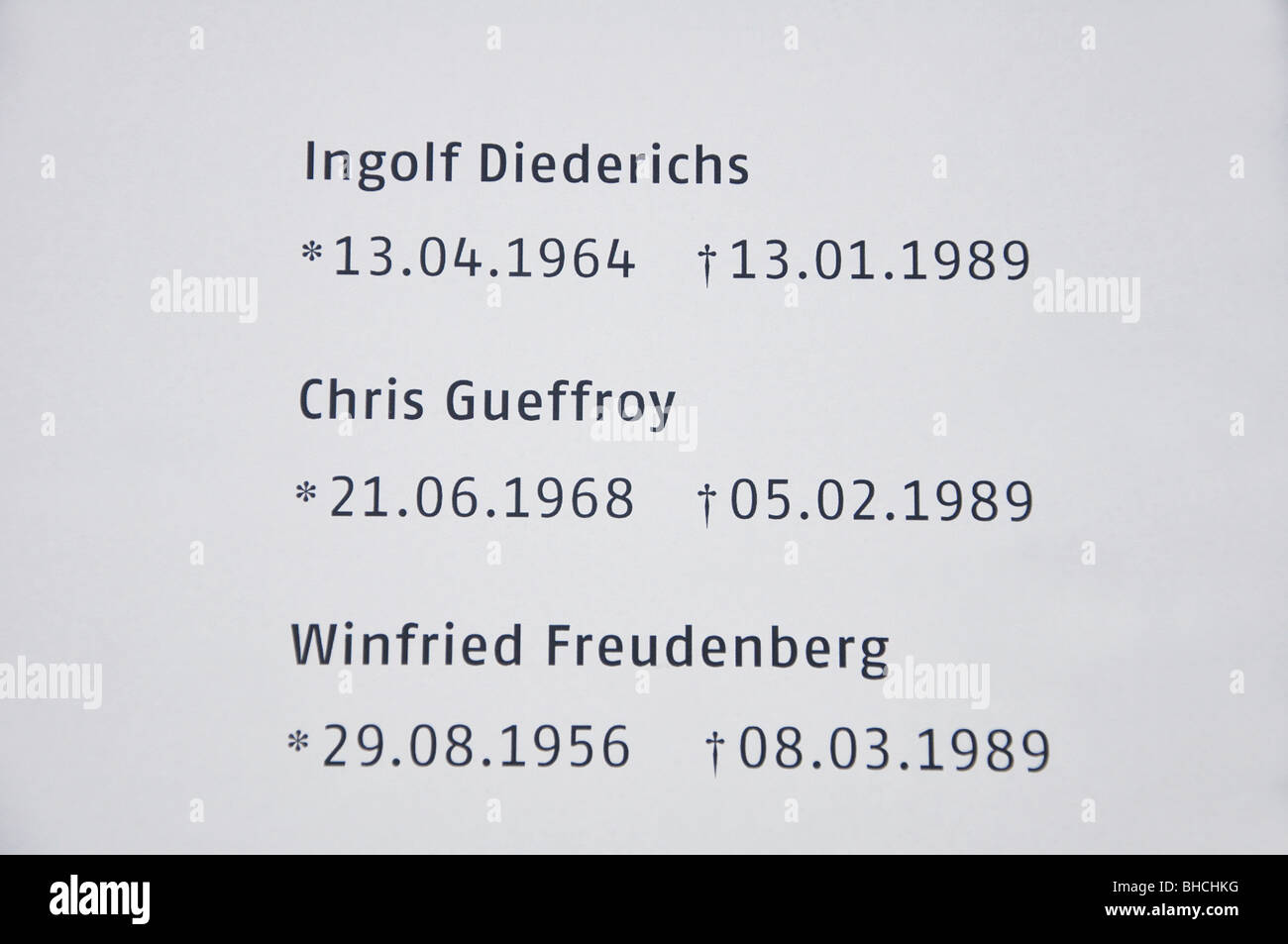 Berliner Mauer-Gedenkstätte mit Namen der Opfer Stockfoto