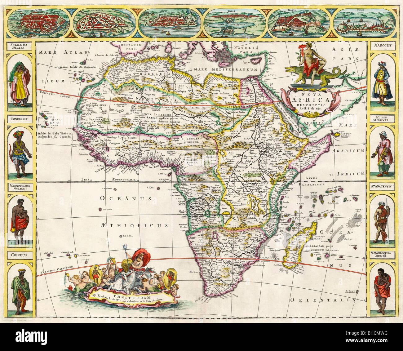 Karte von Afrika im 17. Jahrhundert. Nova Afrika Descriptio, veröffentlicht in Amsterdam im 1660s durch niederländische Kartograph Frederik de Wit Stockfoto