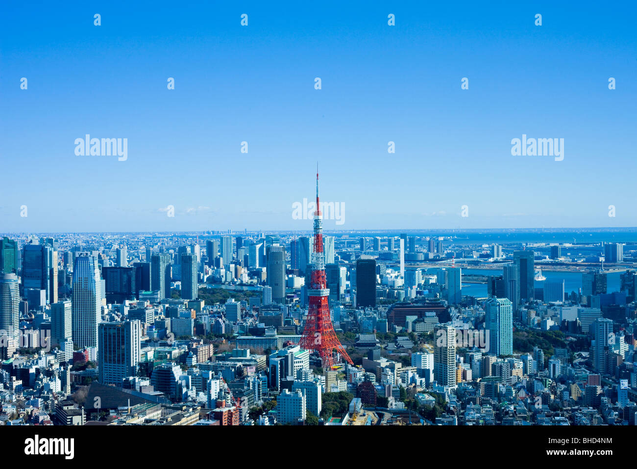 Tokyo Tower zwischen Wolkenkratzern. In der Präfektur Tokio, Japan Stockfoto