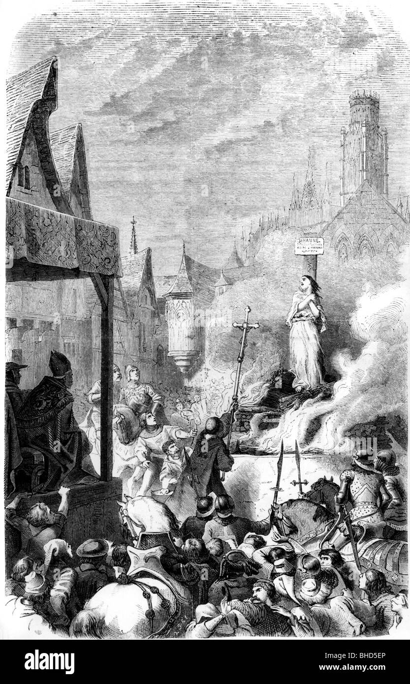 Joan of Arc, 6.1.1412 - 30.5.1431, französische Nationalheldin, Tod auf dem Scheiterhaufen in Rouen, 30.5.1431, Holzgravur, 19. Jahrhundert, Stockfoto