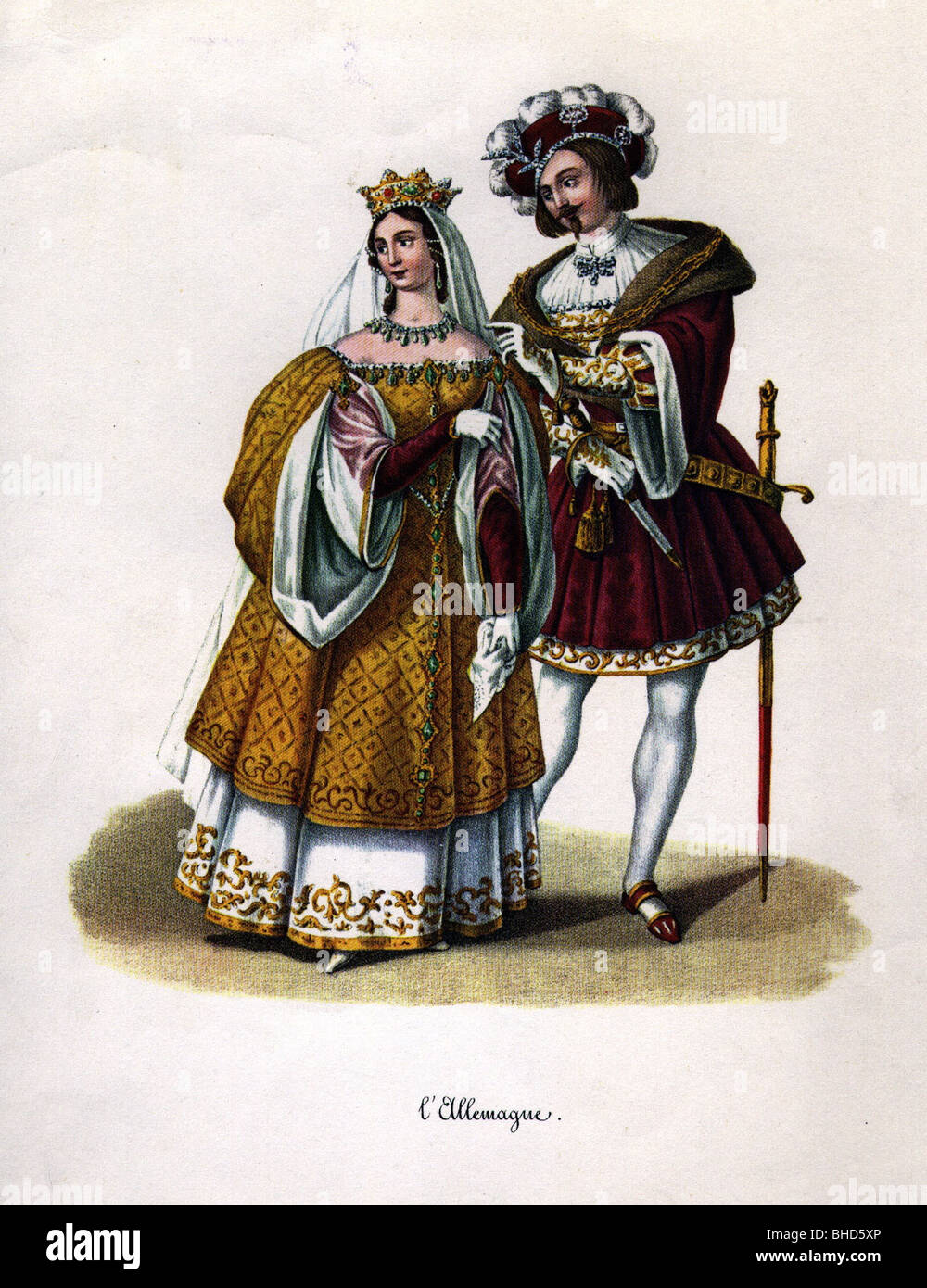 Mode, im Jahr 1835, Herzogin von Leuchtenberg und Graf Arco - Tal bei einem Fancy-Dress-Ball in der Münchner Residenz am 3.2.1835, Farbdruck, Kostüm, Taschentuch, 19. Jahrhundert, historisch, historisch, Menschen, Stockfoto