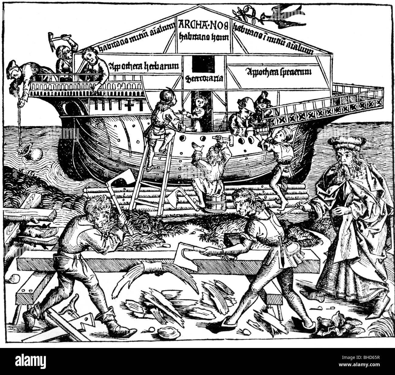 Religion, biblische Szenen, Noah und seinen Söhnen, Bau der Arche, Holzschnitt, Nürnberger Chronik, Nürnberg 1493, illustriert von Wohl Stockfoto