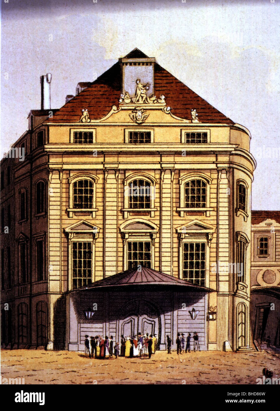 Geographie/Reise, Österreich, Wien, Theater am Kaerntner Tor, Außenansicht, farbige Gravur, ca. um das Jahr um das Jahr 1820, Stockfoto