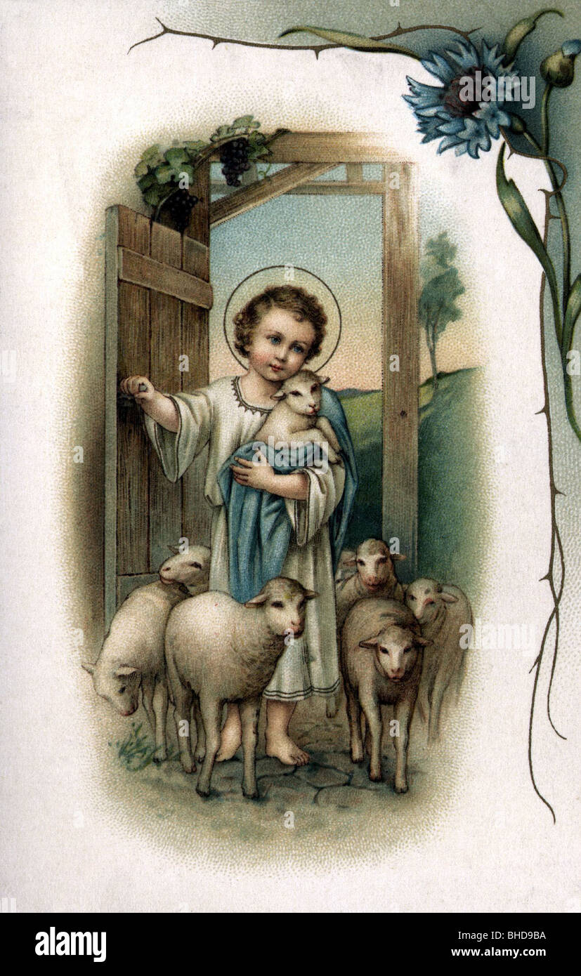 Festlichkeit, Ostern, Christkind mit Lamm und Schaf, Postkarte, 19. Jahrhundert, historisch, historisch, Religion, Christenheit, Jesus Christus, Gloriole, Kitschs, religiöse Kunst, offene Tür, Scheune, Menschen, Stockfoto