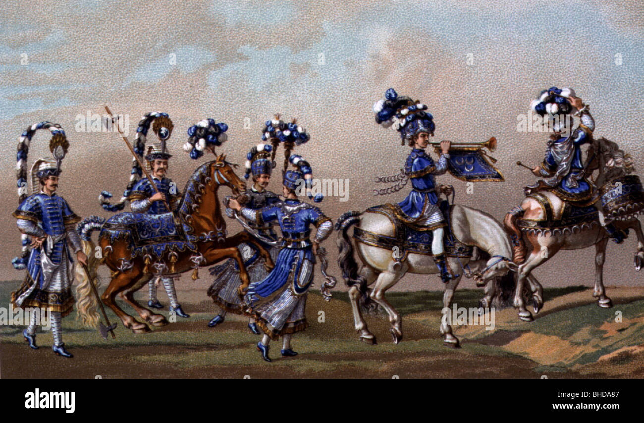 Geografie/Reisen, Frankreich, Feste, 'Grand Caroussel', Paris, 1662, 'Türkisch' von Prinz Conde mit Kriegspferd, nach Aquarell von Sabatier, Chromolithograph von Urrabieta, um 1880, Stockfoto