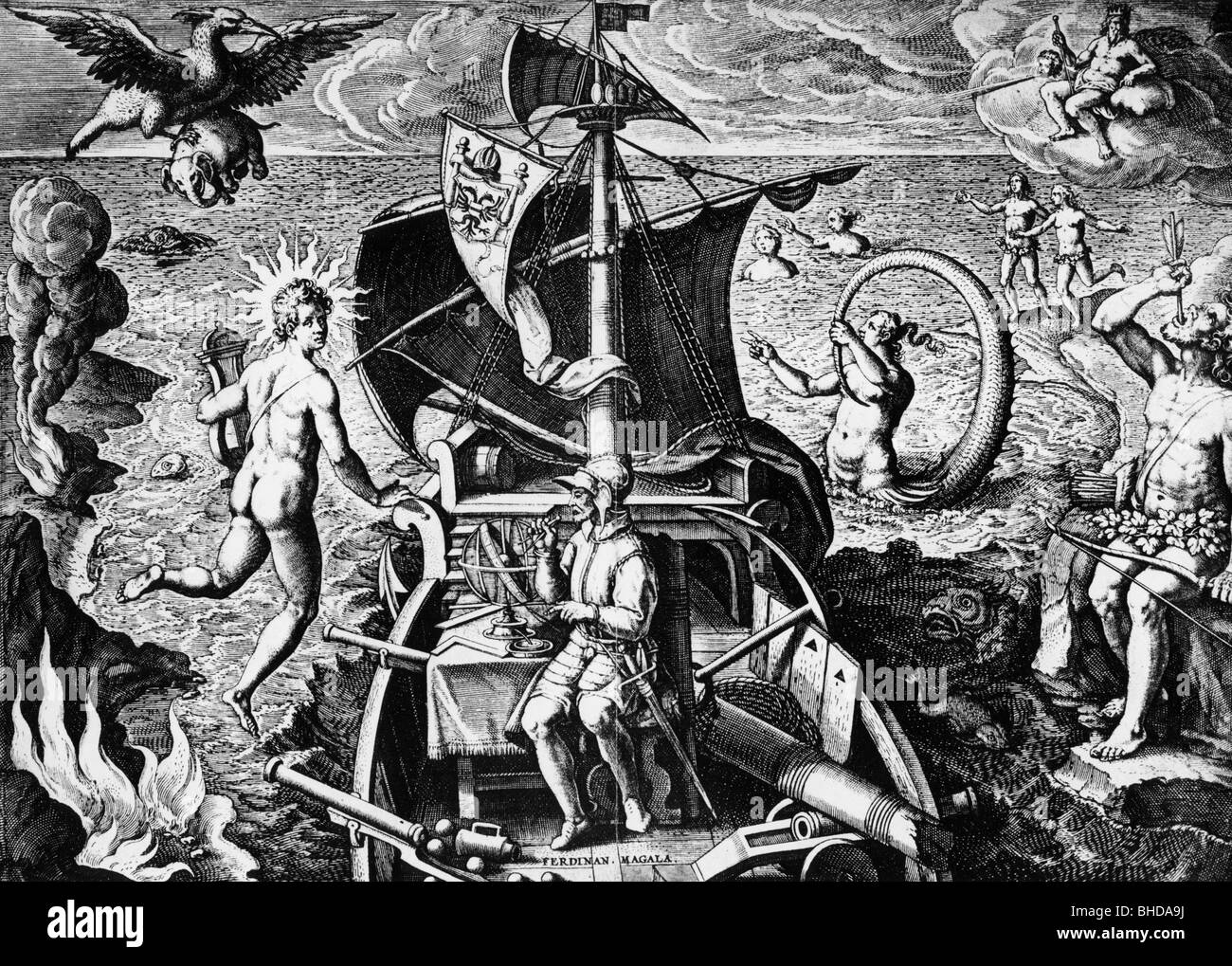 Magellan, Ferdinand, 1480 - 27.4.1521, portugiesische Seefahrerin und Entdeckerin, Allegorie auf seiner Reise um die Welt, Gravur von Galle, 1522, Stockfoto
