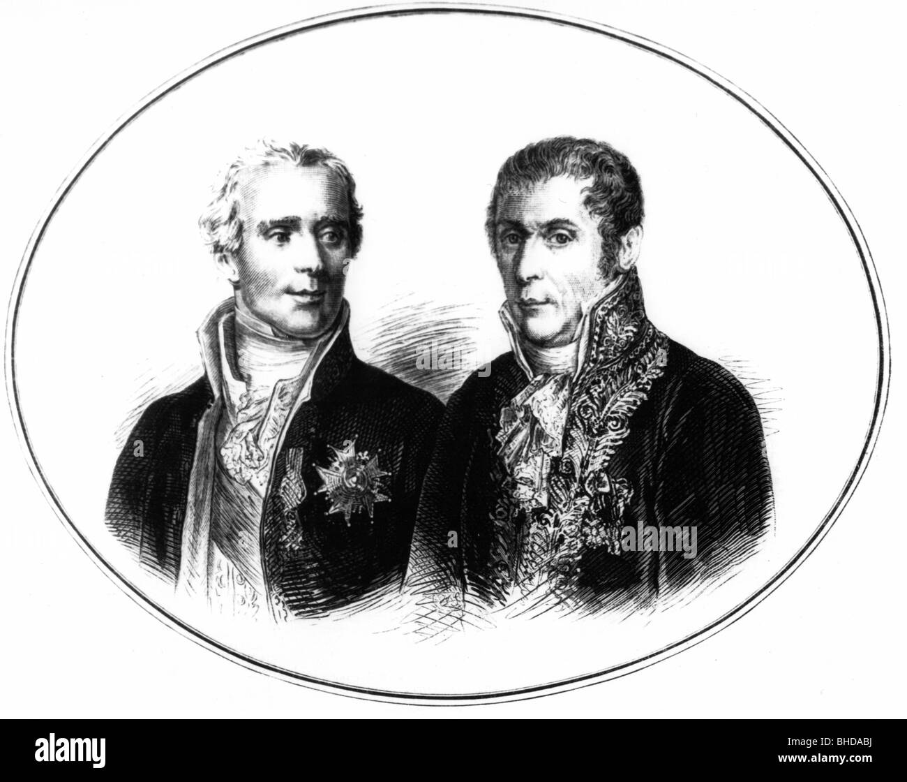 Laplace, Pierre Simon, Marquis de, 28.3.1749 - 5.3.187, französischer Mathematikhistoriker, Astronom, Porträt, mit Allessandro Graf Volta, 18.2.1745 - 5.3.187, Holzgravur, anlässlich des 50. Todestages, 5.3.1877, Stockfoto Laplace, Pierre Simon, Marquis de, 28.3.1749 - 5.3.187, französischer Mathematikhistoriker, Astronom, Porträt, mit Allessandro Graf Volta, 18.2.1745 - 5.3.187, Holzgravur, anlässlich des 50. Todestages, 5.3.1877, Stockfoto