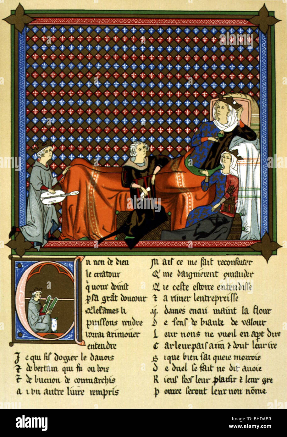 Musik, mittelalterlichen Zeiten, Bandmann Adenez, der "Roman de Cleomandes" für Robert von Artois, für die Frau von brabant und Bianca von Kastilien rezitiert, Chromolithograph nach Miniatur, 13. Jahrhundert, Stockfoto