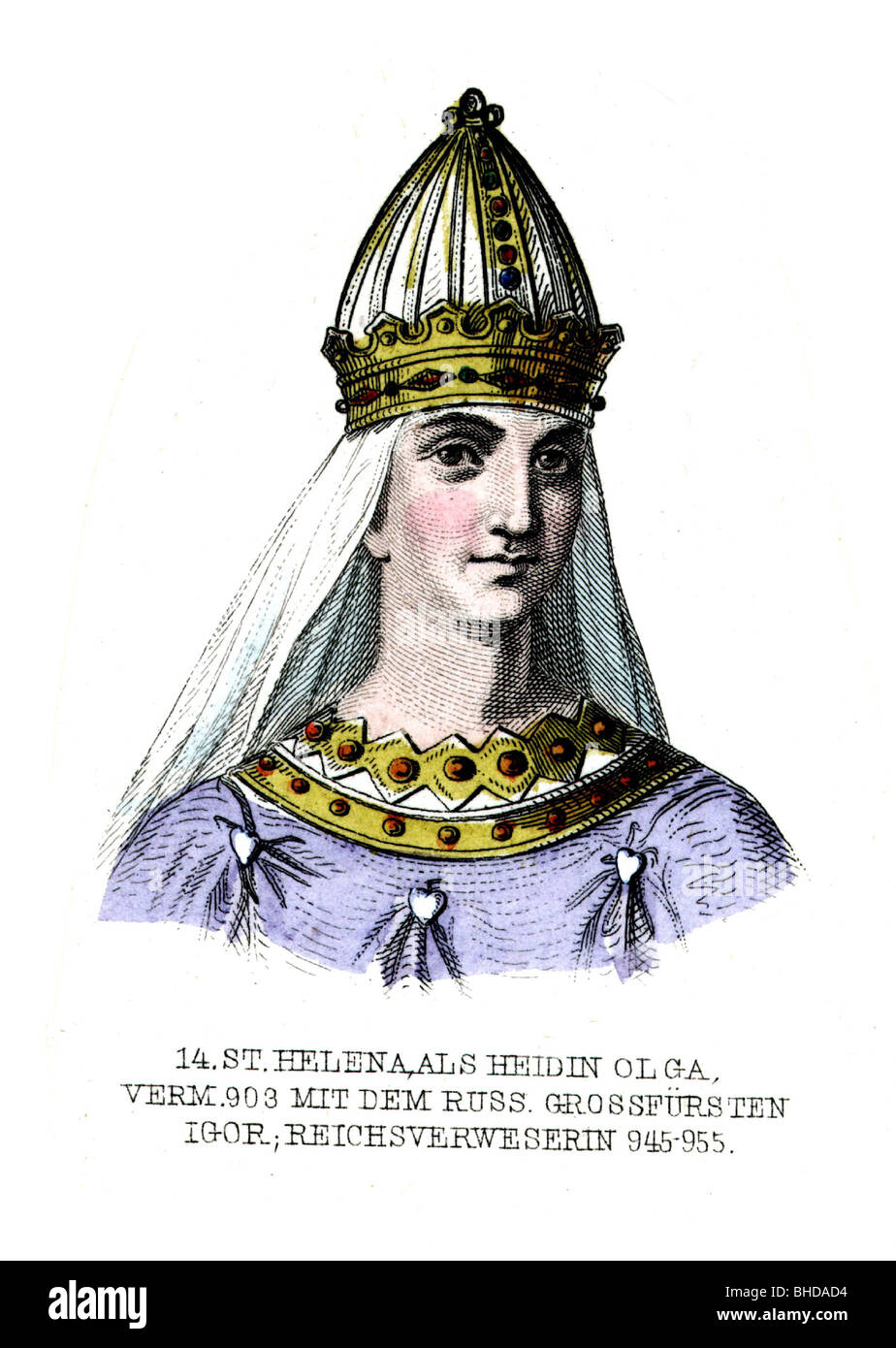 Olga von Kiew, 881 - 11.7.969, Herrscher der Kiewer Rus945-962, Porträt, farbige Stahlstich von August Weger, Leipzig, Deutschland, um 1870,, Artist's Urheberrecht nicht gelöscht werden Stockfoto