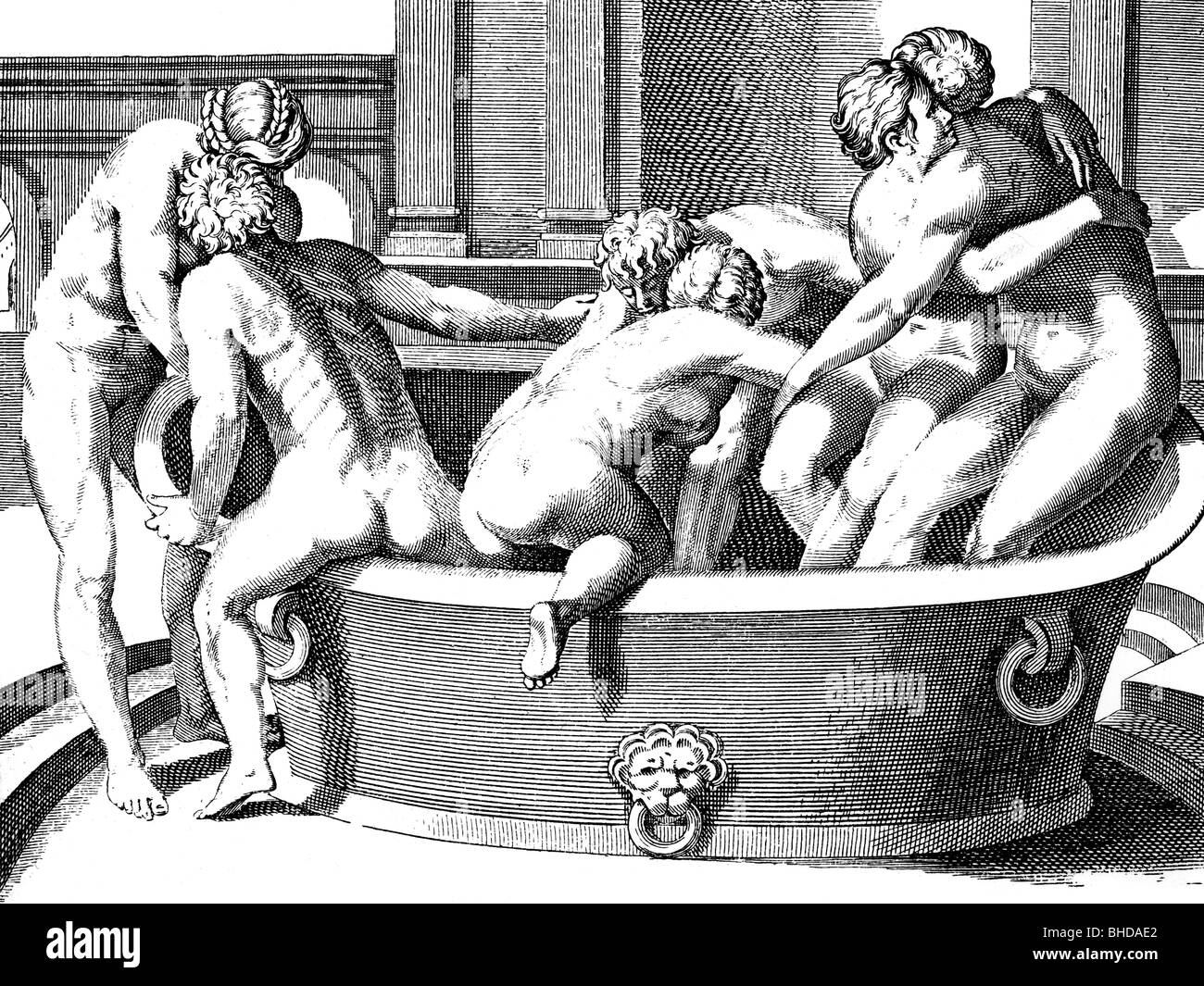 Baden, alte Welt, Römisches Bad, Tepidarium, Gravur, nach dem Gemälde von Raphael für das Bad von Kardinal Bibbbiena, 19. Jahrhundert, historisch, historisch, grafisch, Grafik, Badewanne, Wanne, antike Welt, Frau, Frauen, Frau, Mann, Männer, männlich, Menschen, Stockfoto
