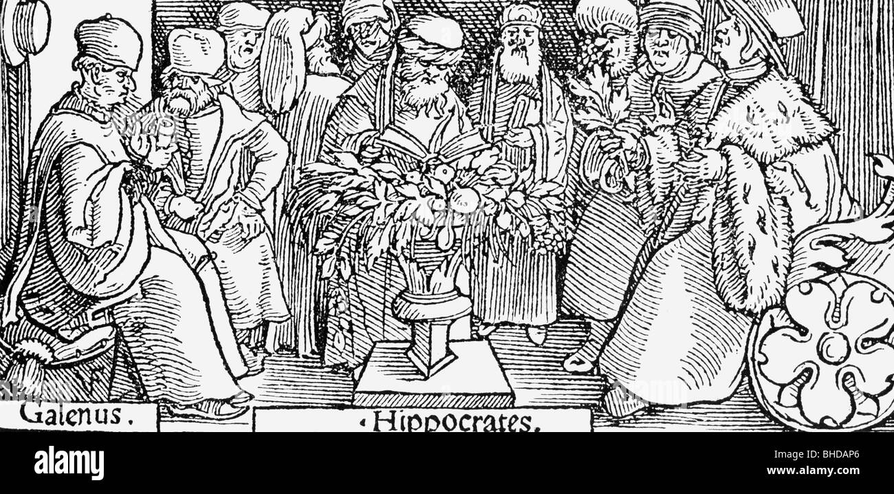 Galen von Pergamum, ca. 129 - ca. 200 n. Chr., griechische Ärztin, halbe Länge, mit Hippokrates und anderen Ärzten, Holzschnitt, aus Catalogus ill. Medicorum, Straßburg, 1530, Stockfoto