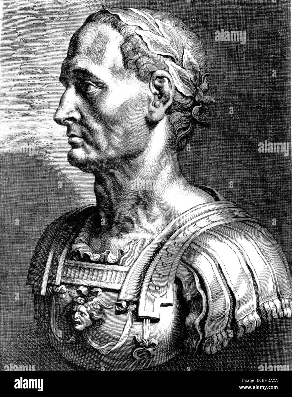 Caesar, Gaius Julius, 13.7.100 - 15.3.44 v. Chr., römischer Politiker und Militärführer, Büste, Porträt, nach Peter Paul Rubens, Holzgravur von Bolswert, Stockfoto