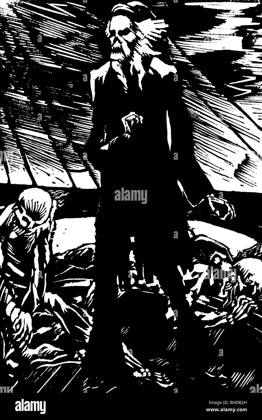 Klabautermann, deutsches Fabelwesen, als Wassersprite, Holzschnitt, Stockfoto