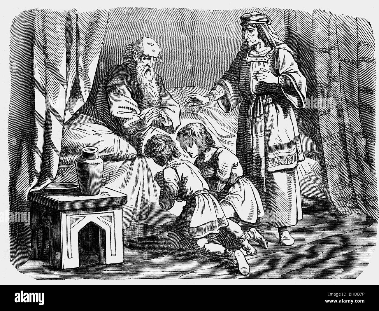 Jakob, biblischer Patriarch, Sohn von Isaac und Rebecca, Szene, segnete seine Enkel Ephraim und Manasse, rechts: Seine Frau Rachel, Gravur, 19. Jahrhundert, Stockfoto