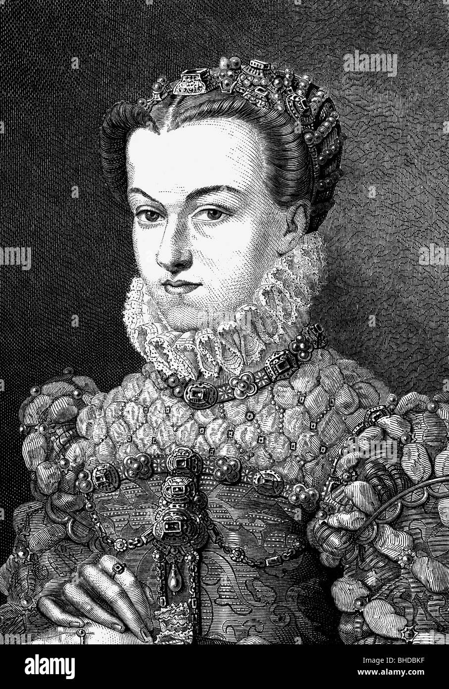 Elizabeth, 5.7.1554 - 22.1.1592, Königin von Frankreich 26.11.1570 - 30.5.1574, Porträt, Holzstich, 19. Jahrhundert, nach dem Lackieren von Francois Clouet, 1572, Artist's Urheberrecht nicht gelöscht werden Stockfoto