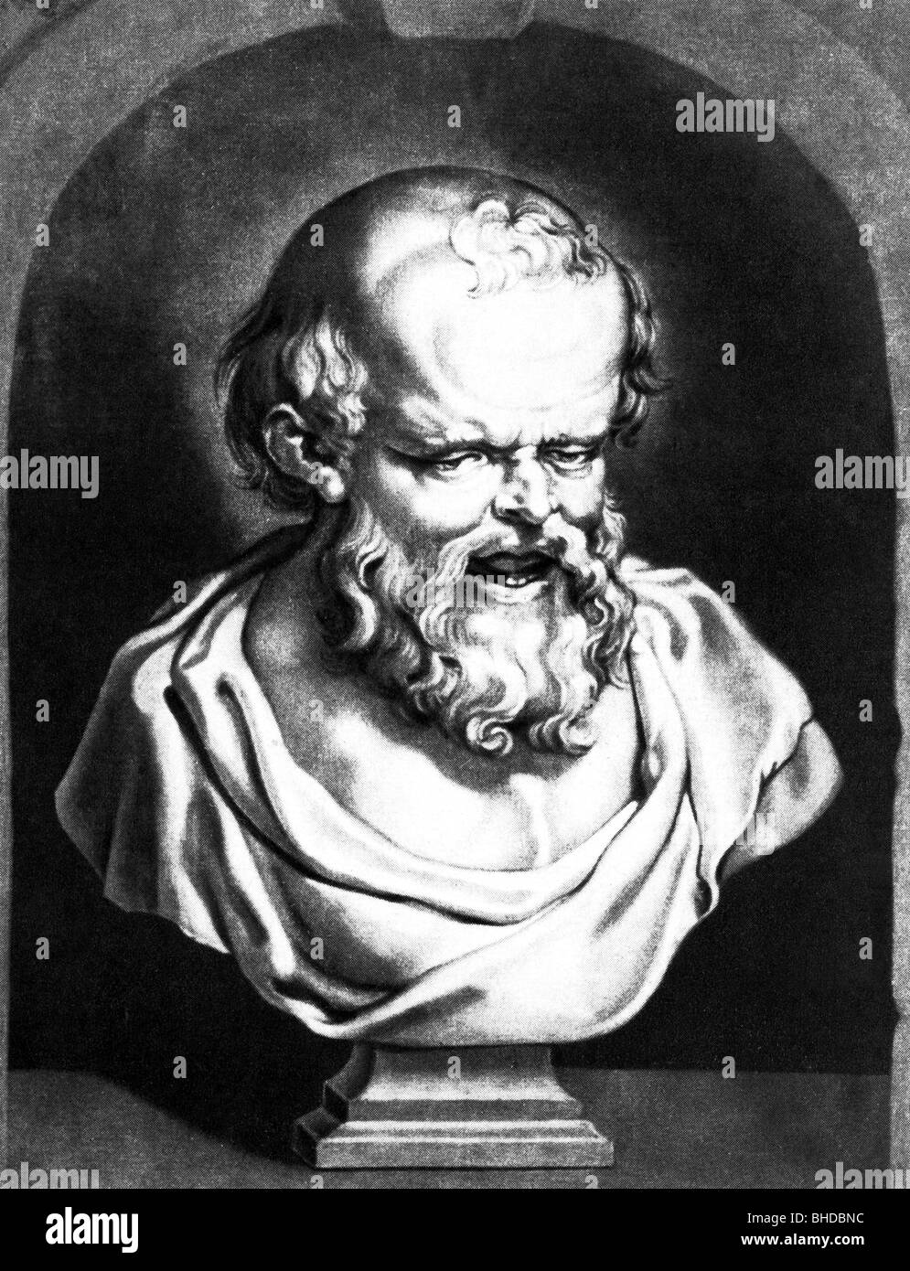 Demokritus von Abdera, ca. 465 - ca. 365 v. Chr., griechische Philosoph, Porträt, Zeichnung nach Büste, ca. 19. Jahrhundert, Stockfoto