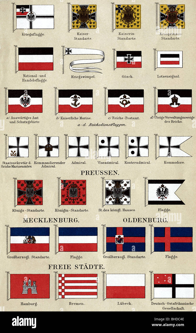 Heraldik, Flaggen, Deutschland, Flaggenschild der Reichsmarine, deutsche Fürstentümer und Städte, Chromolithograph, ca. 1900, Stockfoto