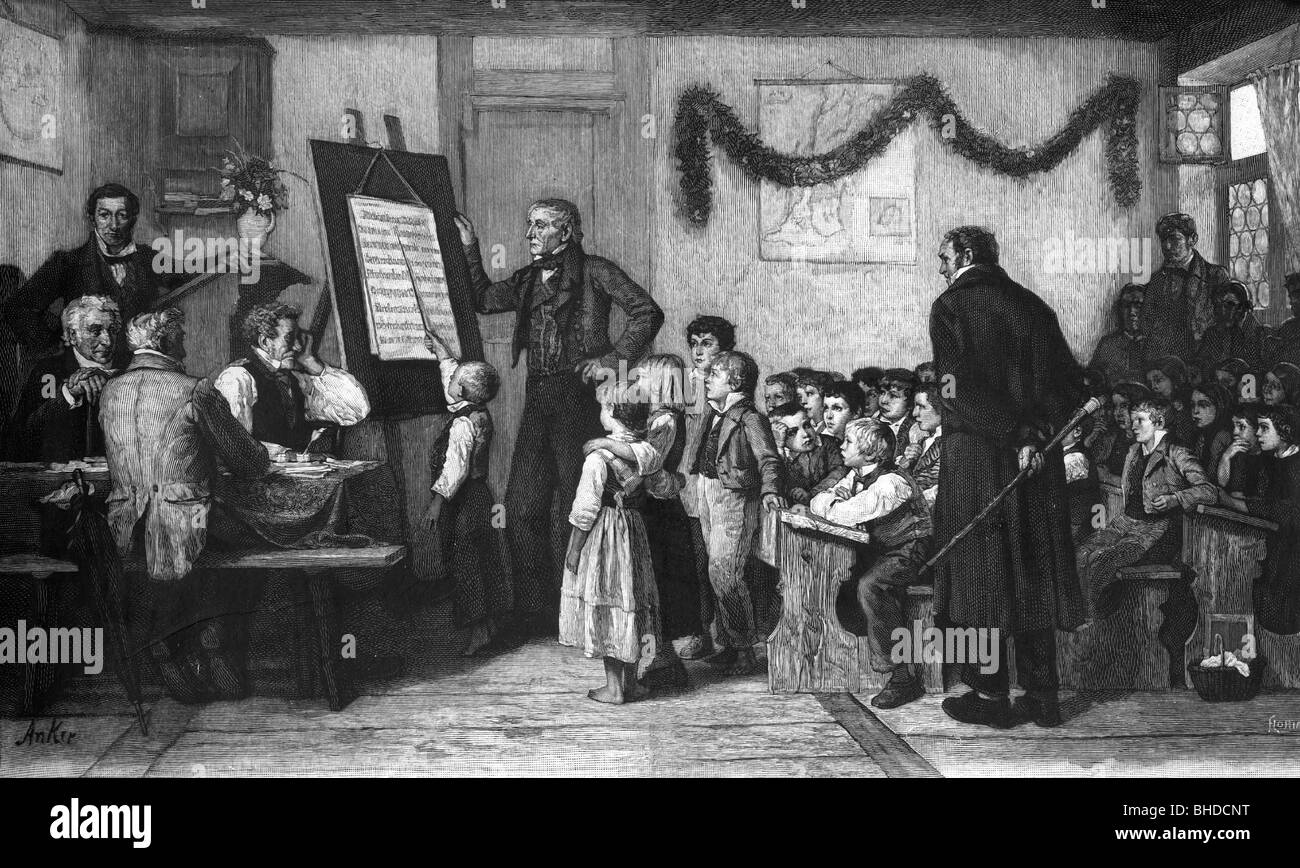 Bildung, Schule, Klasse mit Jungen und Mädchen, 'Schulachen' (Schulprüfung), Holzgravur von Florian, nach Zeichnung von A. Anker, Ende des 19. Jahrhunderts, Stockfoto