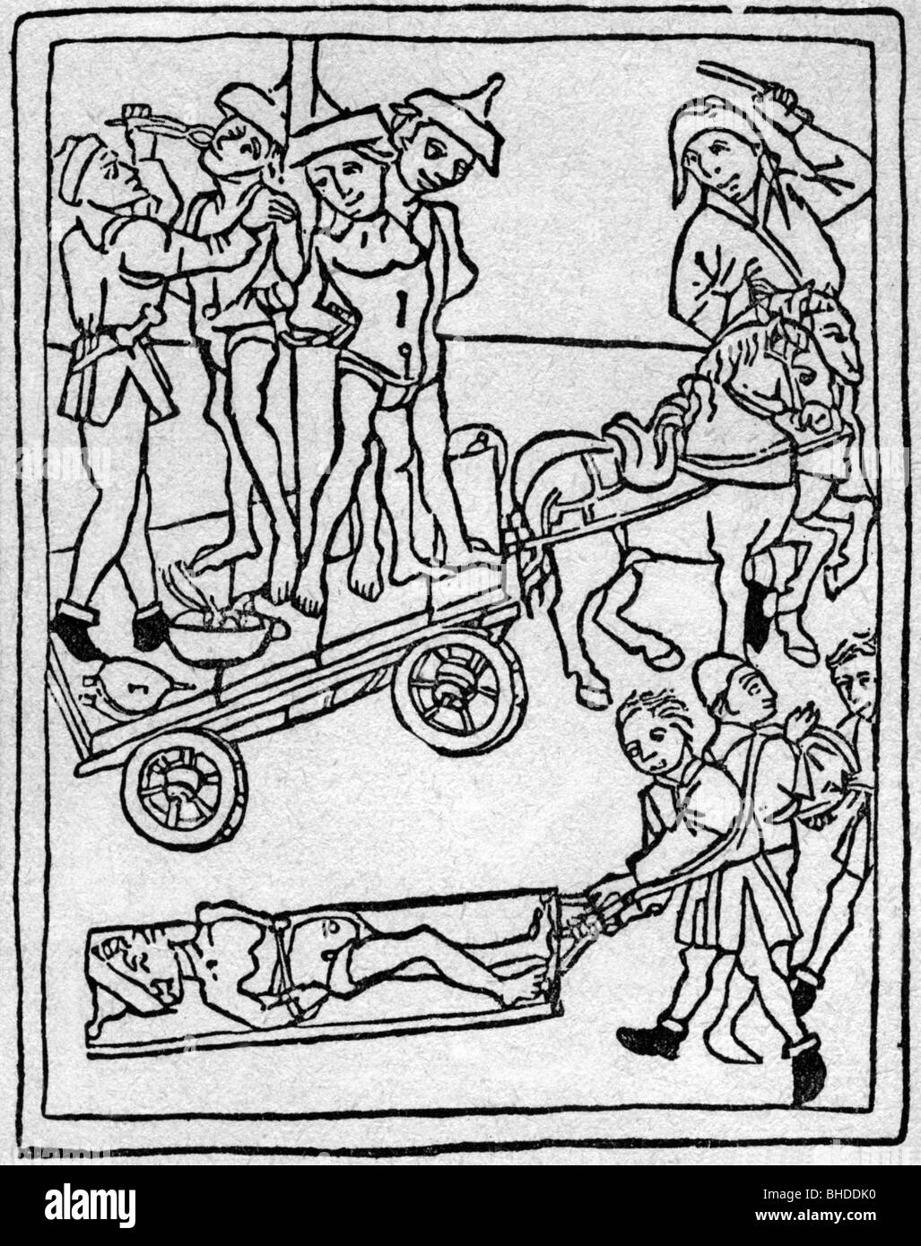 Judaismus/Judentum und Verfolgung von Juden, Folter von Juden, an Hinrichtungsort, Holzschnitt, 1475, Stockfoto