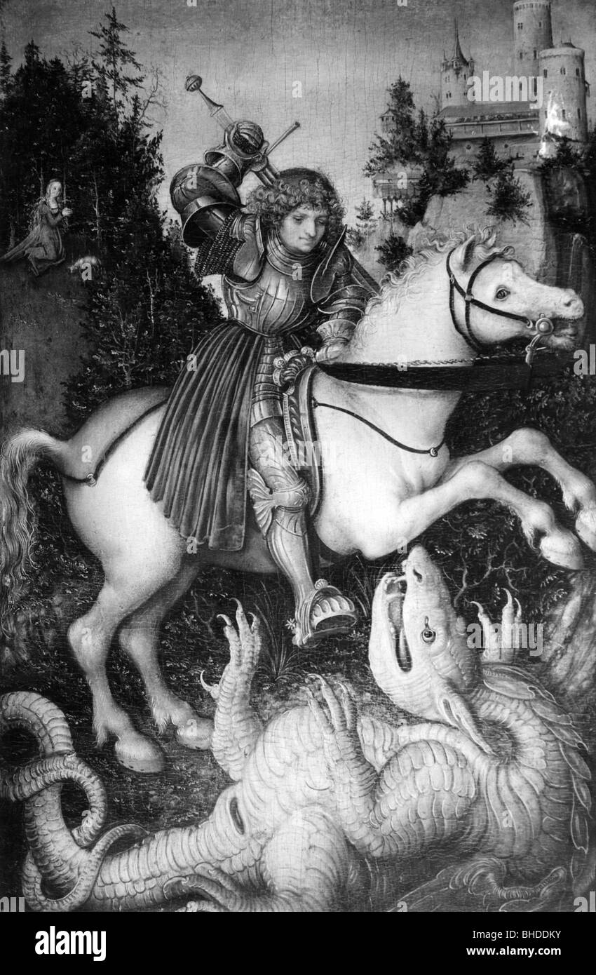 George, Saint, + ca. 303, Märtyrer, Heilige Helfer, halbe Länge, zu Pferd, im Kampf mit dem Drachen, Drucken nach Gemälde von Lucas Cranach dem Älteren (1472 - 1553), ca. 1525, Artist's Urheberrecht nicht geklärt zu werden. Stockfoto