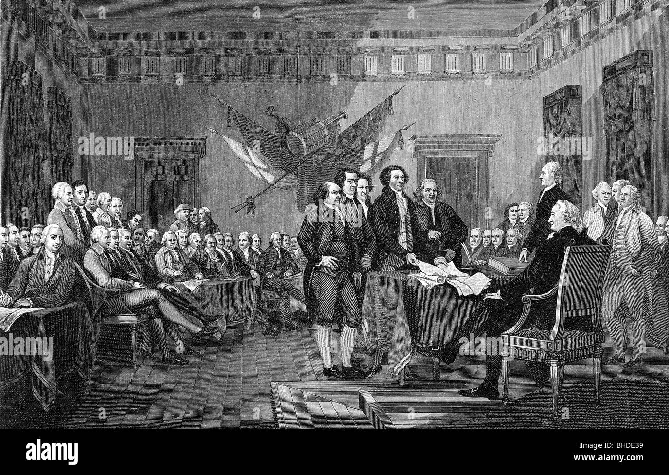 Geographie/Reisen, Politik, amerikanischer Revolutionstrieg 1775 - 1783, Unterzeichnung der Unabhängigkeitserklärung, Philadelphia, 4.7.1776, Holzgravur nach Malerei von John Trumbull, 19. Jahrhundert, 18. Jahrhundert, USA, historisch, historisch, Menschen, Stockfoto