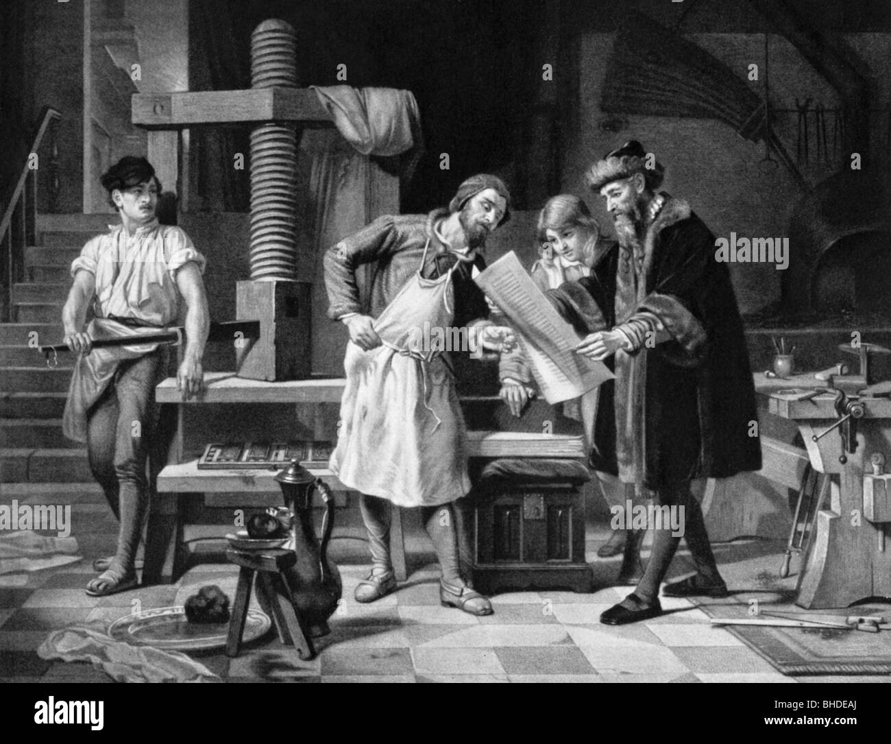 Gutenberg, Johannes Gensfleisch, ca. 1347 - 3.2.1468, deutscher Drucker, Szene, in seiner Werkstatt, Illustration aus dem 19. Jahrhundert, nach E. Hillemacher, Stockfoto