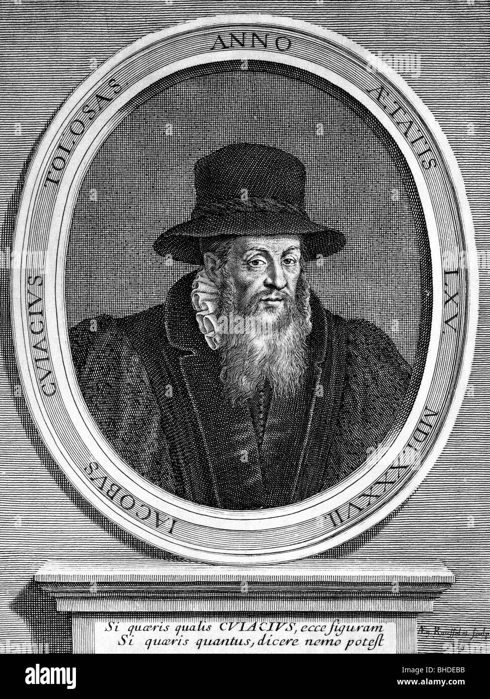 Cujas, Jacques de (Cujacius), 1522 - 4.10.1590, französischer Jurist, Porträt mit lateinischer Beschreibung, Holzgravur, Stockfoto