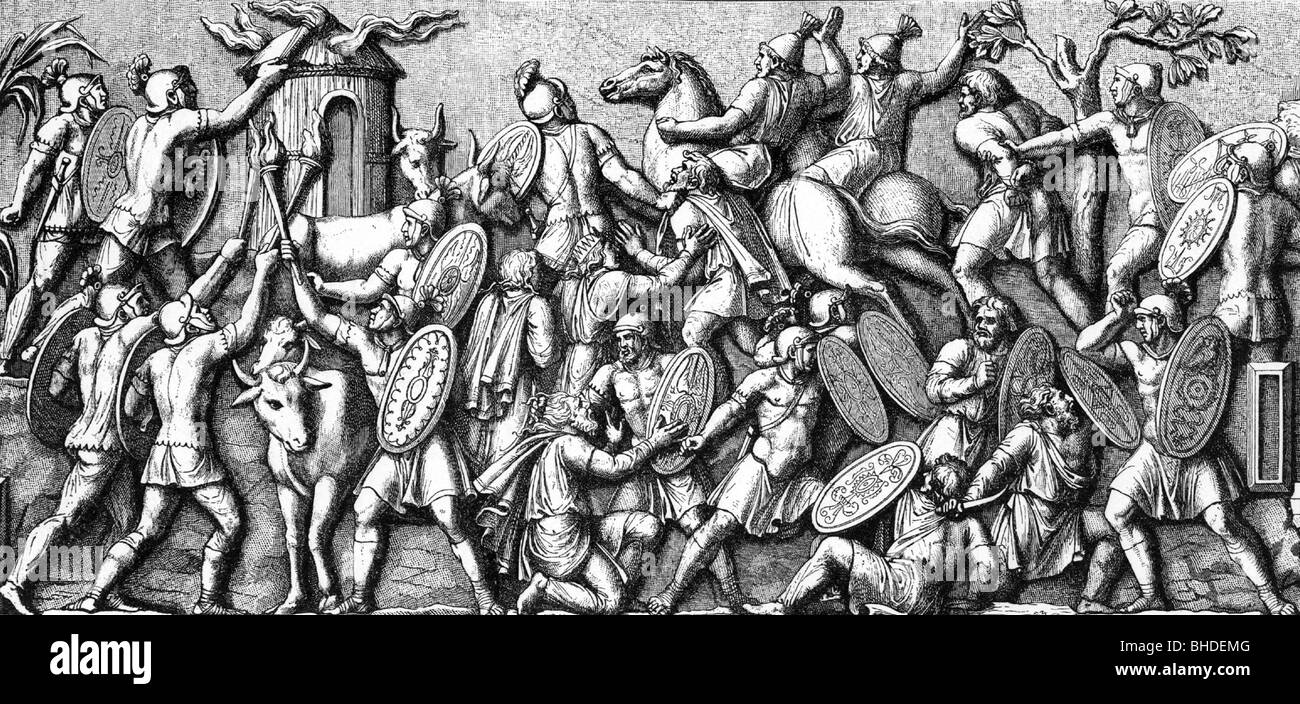 Veranstaltungen, Marcomannic Wars 166-180, römische Soldaten zerstören eine Dorf, Holzschnitt, 19. Jahrhundert, nach der Befreiung von dem Col Stockfoto