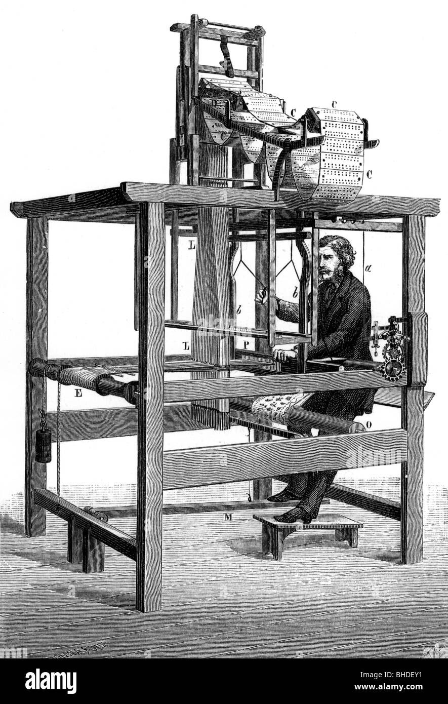 Industrie, Textilindustrie, Jacquard-Webstuhl, Holzgravur, 19. Jahrhundert, Lochkarte, gestanzt, Weaver, Weberei, historisch, historisch, Mann, Männer, Männer, Menschen, Stockfoto