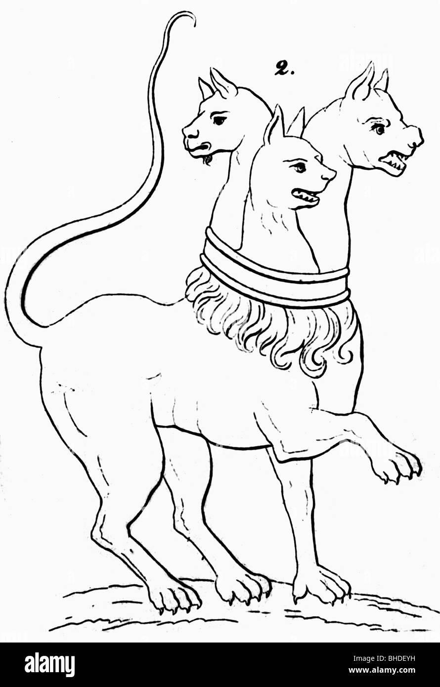 Cerberus, griechische Fabelwesen, Schutz der Tore von Hades, Zeichnung nach alter Illustration, Stockfoto