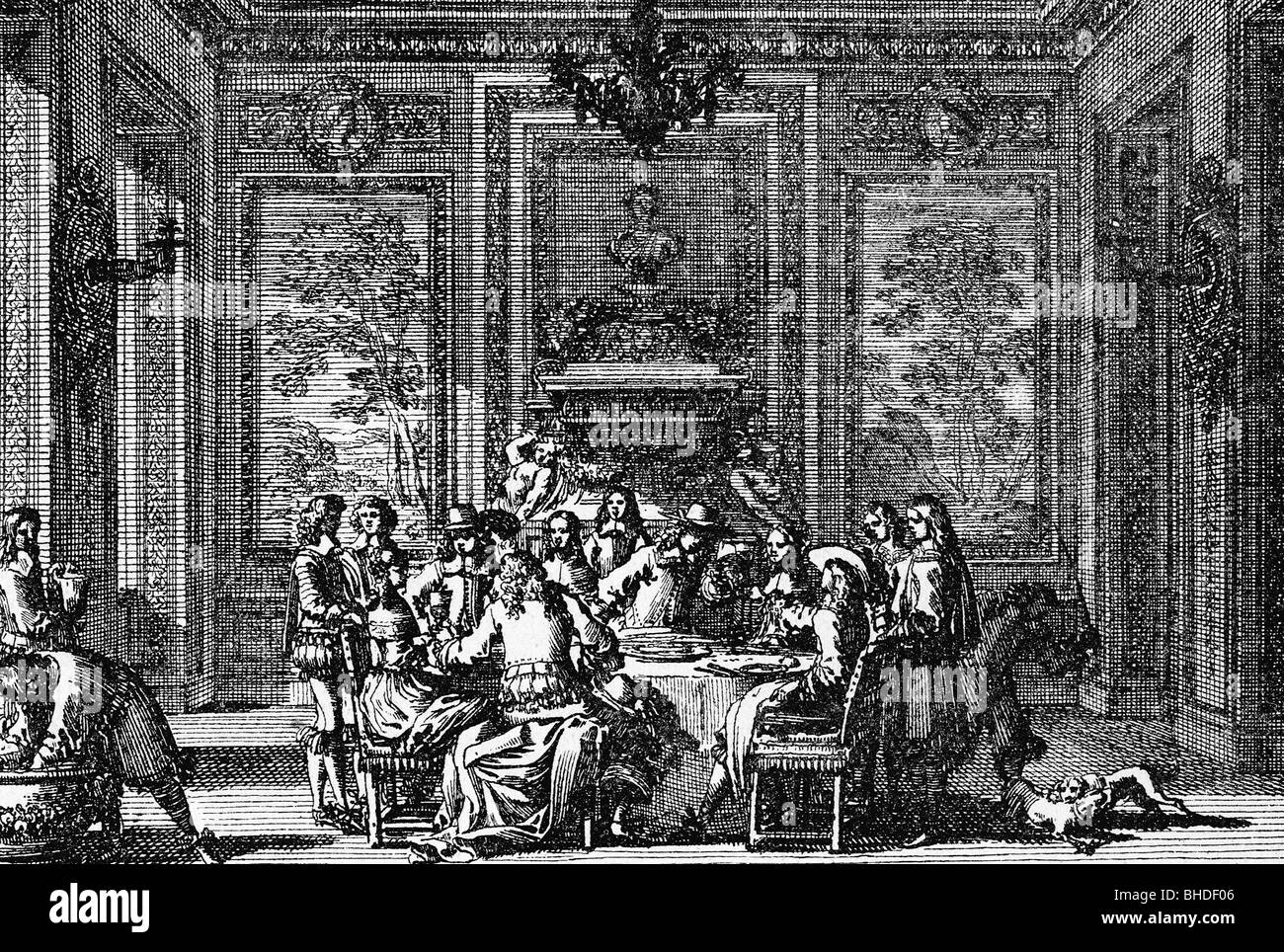 Festlichkeit, Ball und Gesellschaft, französisches Königsgericht, Radierung durch Jean Lepautre, 17. Jahrhundert, historisch, historisch, Frankreich, König Ludwig XVI., Adel, Adligen, Mitglied des Adels, intellektuelle Elite, Noblesse Oblige, Burg, Volk, Stockfoto