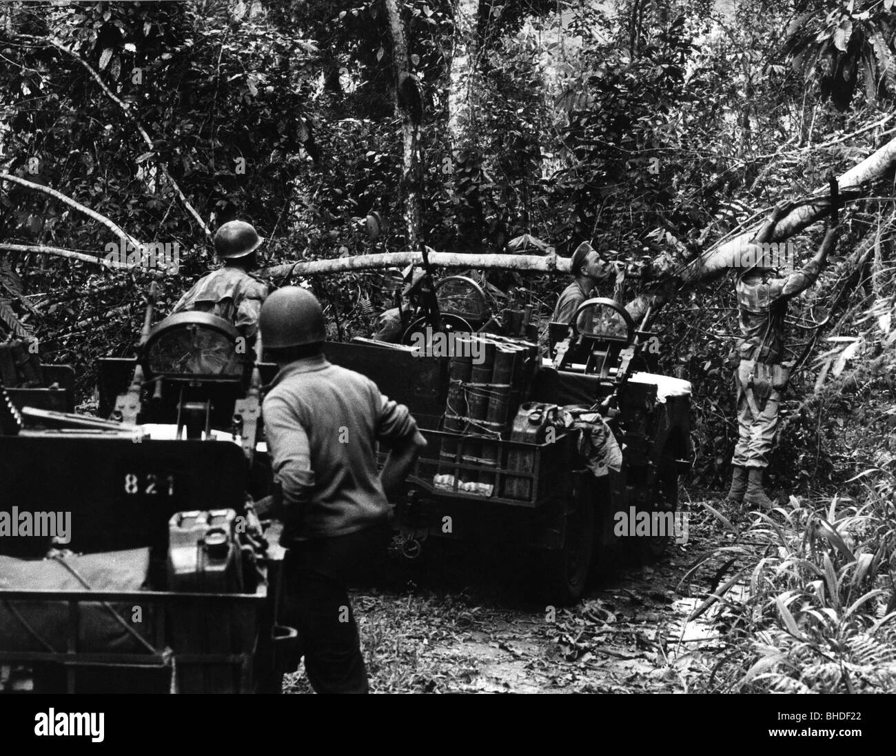 Geographie/Reisen, Kongo, Simba-Aufstand 1964 - 1965, Söldner, die einen Straßenblock im Dschungel beseitigen, November 1964, Stockfoto